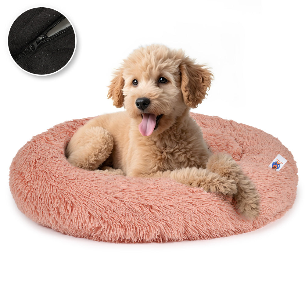 donut hondenmand in roze met beige poedel